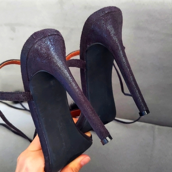 Pom Pom Black Suede Sandal Heels - Picture 8 of 8